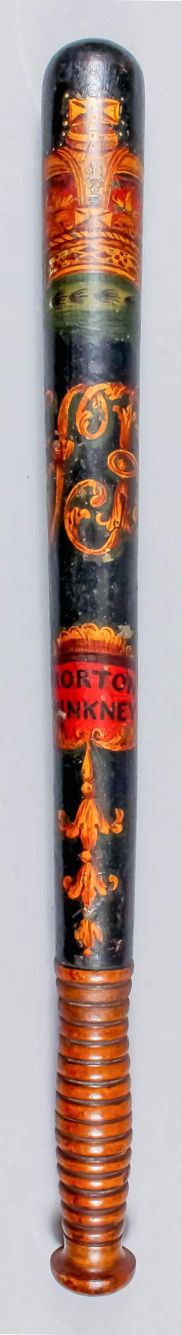 A Victorian turned wood truncheon, painted with crown over "VR" cypher, over "Moreton Pinkney" (