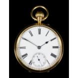 A late Victorian 18ct gold open faced keyless pocket watch by Barraud & Lund, 14 Bishopsgate Street,