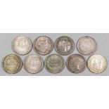 Nine George III and Victorian shillings - George III 1819 and Victoria 1846, 1859 (two), 1875 (die