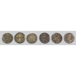 Six Henry III (1216-1272) hammered silver long cross pennies (Exeter, Carlisle, Hereford, Norwich,