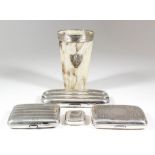 A George V silver three-division cigar case with oval cartouche and engine turned ornament, 5.
