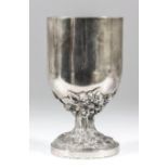 A Victorian silver and silver gilt goblet with plain cylindrical body, the stem cast with hops and