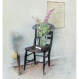 ***Jehan Daly (1918-2001) - Pastel on coloured paper - Study of chair with book and vase of flowers,