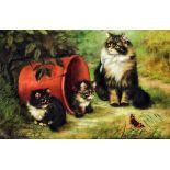 Adrienne Lester (19th/20th Century school) - Oil painting - Tabby cat and two kittens in an upturned