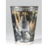 A William IV silver mounted horn beaker with reeded and engraved rim, applied with crest and with