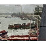 ***Ken Howard (born 1932) - Oil painting - "Thames Looking Towards Greenwich", board 7.75ins x