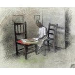 ***Jehan Daly (1918-2001) - Coloured chalks - Corner of a room with a figure sitting on a chair, and