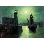 19th Century English school - Oil painting - Moonlit harbour scene, canvas 9.25ins x 13.25ins, in