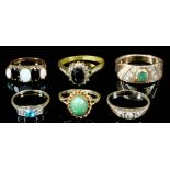 Five 9ct gold gem set rings, various, and one other dress ring (gross weight 21 grammes)