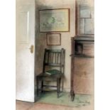 ***Jehan Daly (1918-2001) - Coloured chalks highlighted in white - Corner of a room with chair, 7.