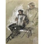 ***Jehan Daly (1918-2001) - Pastel on grey paper - "Busker" - Study of an accordion player, 11ins