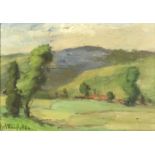Grace Hylton-Hylton (20th Century) - Oil painting - Landscape with hills and trees, panel 6ins x