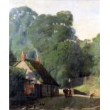 19th Century English school - Oil painting - Rural country scene with figures by cottages,