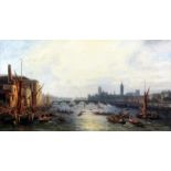 19th Century English school - Oil painting - "The Thames at Westminster", canvas 10.5ins x 19ins, in