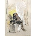 ***Jehan Daly (1918-2001) - Coloured pastel on grey paper - "The Waiting Room", 8.5ins x 6ins,