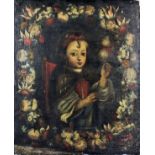 18th Century Cuzco School - Oil painting - The child Mary spinning, canvas 29.25ins x 24.25ins,