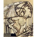 ***Eric Malthouse (1914-1997) - Wash drawing - Abstract scene with figure looking upwards surrounded