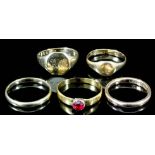 A 22ct gold mounted and red stone solitaire ring (size Q - gross weight 1.5 grammes), and four other