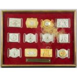 Twelve 19th Century gilt and plated metal buckles of cricketing interest, in gilt box frame labelled