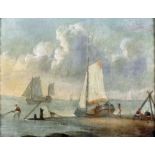 19th Century Dutch school - Oil painting - Beach scene with fishermen and fishing boats, mahogany