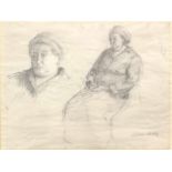 ***Jehan Daly (1918-2001) - Pencil drawing - Studies of an elderly seated woman wearing a head