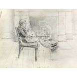 ***Jehan Daly (1918-2001) - Pencil drawing - Kempson Road, young girl sitting cradling her doll,