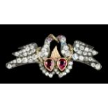 A 19th Century silvery and gold coloured metal mounted diamond and ruby brooch in the form of two