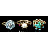 An 18ct gold mounted pearl and gem set ring, and two other 18ct gold and gem set rings, various (