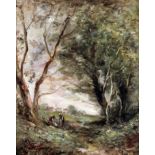 After Jean-Baptiste-Camille Corot (1796-1875) - Oil painting - Wooded landscape with two figures