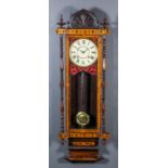 A 19th Century American walnut and marquetry cased "Regulator" wall clock, the 8ins diameter painted