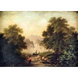 19th Century English school - Oil painting - Tree lined track with figure leading to a lake, with