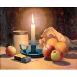 ***Gerald Norden (1912-2000) - Oil painting - Still life - "Fruit by Candlelight", board 9ins x