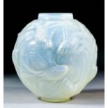 A Lalique moulded and opalescent glass "Formose" vase, 6.75ins high, etched mark "R. Lalique France"