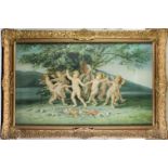 A gilt moulded frame, with coloured print on canvas of dancing putti in a Mediterranean landscape,