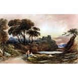 John Varley (1778-1842) - Watercolour - Landscape with figures to foreground and ruined castle to