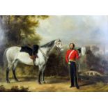 19th Century English school - Oil painting - An Irish Guards Officer with his horse, with Windsor