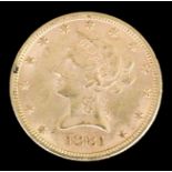 A USA 1881 gold Coronet Eagle (weight 16.7 grammes - fair/fine with slight marks)