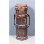 A leather covered cylindrical two-handled shell carrier stencilled "N" and impressed "R. G. D.",