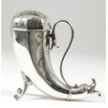 An early 20th Century Continental silver horn pattern sugar caster of octagonal form with animal