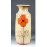 A West German pottery vase, moulded and painted in orange with stylised flowers on a buff ground,