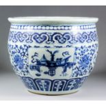 A Chinese blue and white porcelain fish bowl, painted with precious objects within shaped