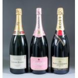 Three Magnums of Non-Vintage Champagne - one Moet et Chandon, one Laurent-Perrier and one Lanson