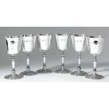 A set of six Elizabeth II silver goblets with plain bowls, tapered stems, on circular footrims