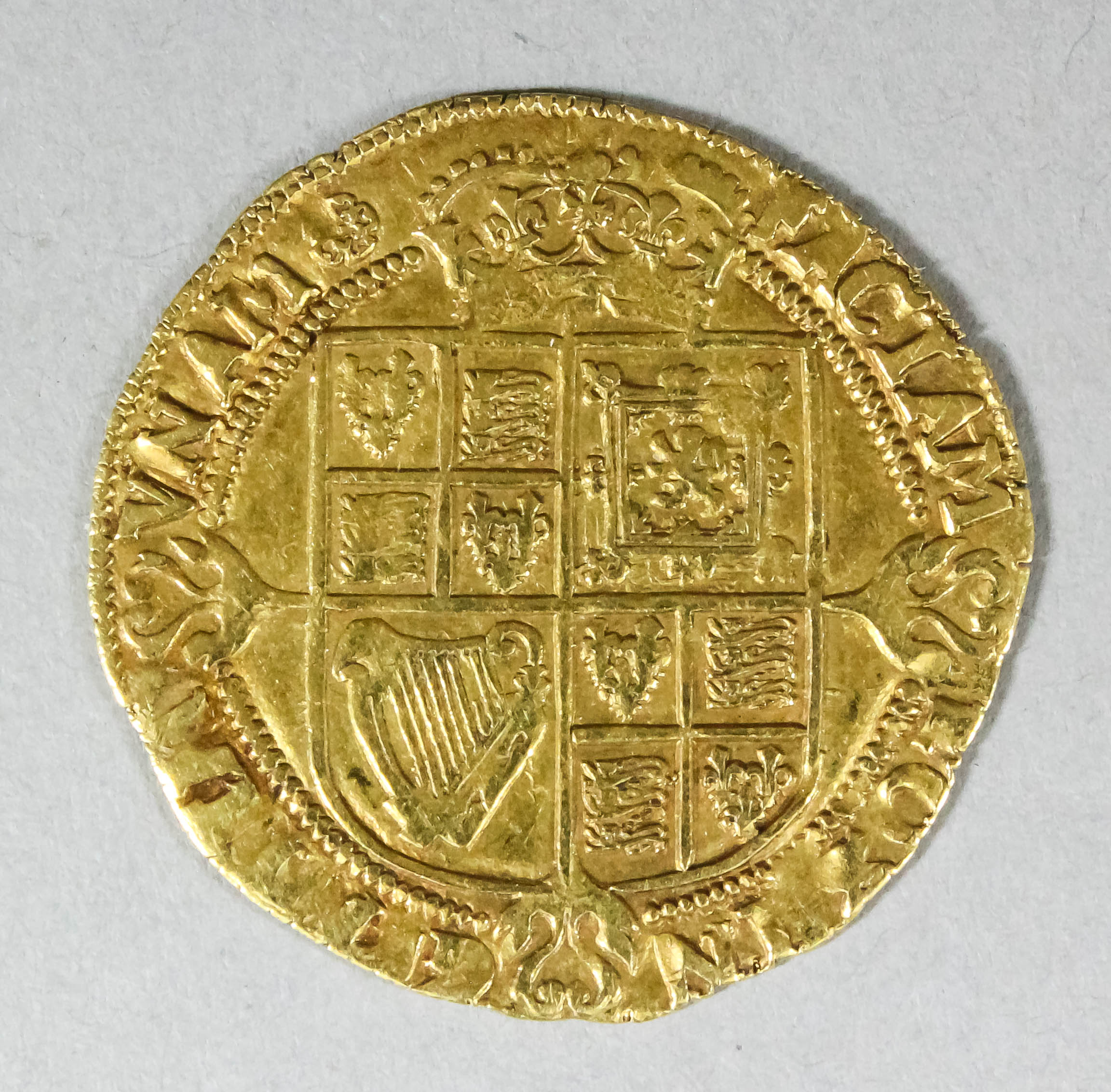 A James I (1603-1625) hammered gold Laurel (20 shillings ) (Mint Mark - Tudor Rose - 33mm diameter - - Image 2 of 2