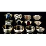 Three 9ct gold wedding bands, and nine other 9ct gold rings, various (gross weight 48 grammes)