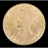 A USA 1882 gold Coronet Eagle (weight 16.7 grammes - fair/fine with slight knocks)