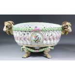 A 19th Century Meissen porcelain oval two-handled basket with pierced sides and acanthus leaf swag