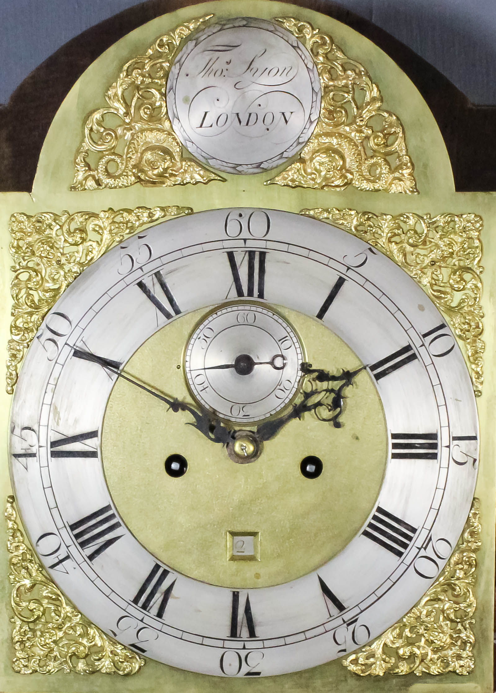 A George III mahogany longcase clock by Thomas Lyon of London, the 12ins arched brass dial with - Image 2 of 2