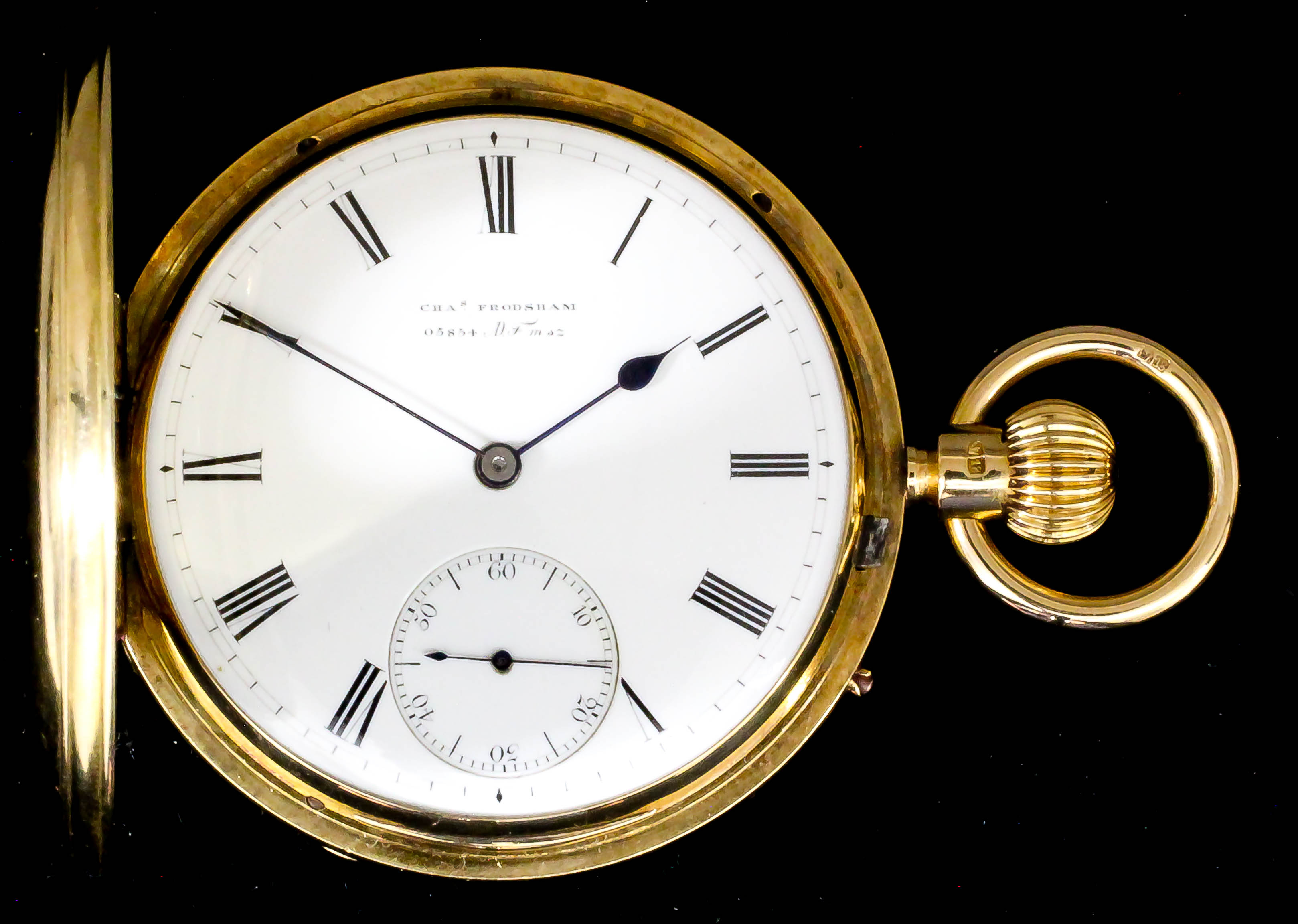 A Victorian 18ct gold half hunting cased keyless lever pocket watch by Buckley for Charles Frodsham,