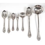 A Victorian silver part table service, the shaped and moulded handles with oval bead mounts and